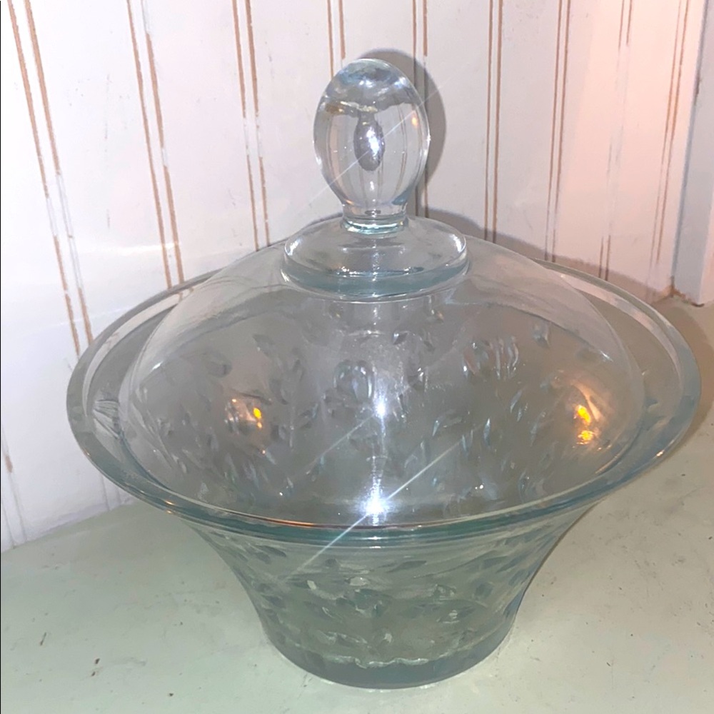 Elegant frosted Glass Lidded Bowl with indented leaves.